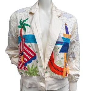 Marc D'Alcy Vintage Silk Bomber Jacket Beaded Tropical Maximalist Art To Wear S
